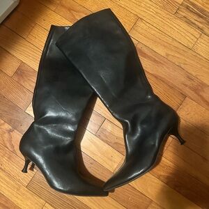 Black Knee-High Leather Kitten Heel Boots